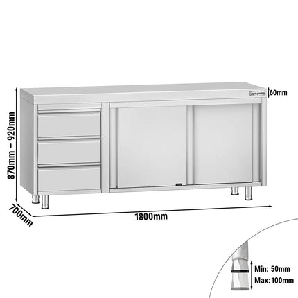 GGM Gastro Stainless Steel Floor Cupboard ECO - 1800x700mm - with Sliding Doors - with 3 Drawers left