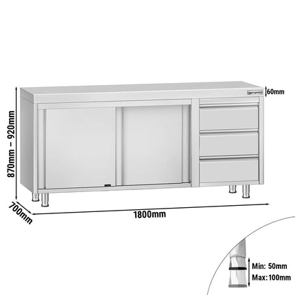 GGM Gastro Stainless Steel Floor Cupboard ECO - 1800x700mm - with Sliding Doors - with 3 Drawers right
