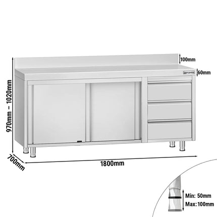 GGM Gastro Stainless Steel Floor Cupboard ECO - 1800x700mm - with Sliding Doors, 3 Drawers right & Upstand