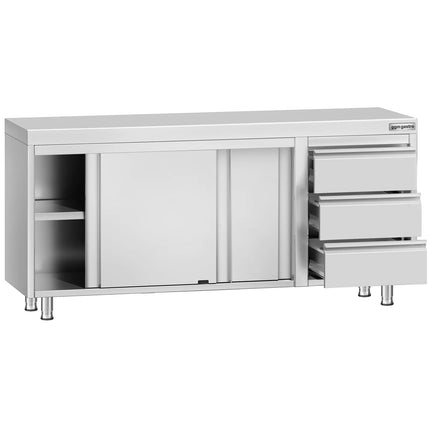 GGM Gastro Stainless Steel Floor Cupboard ECO - 1800x700mm - with Sliding Doors - with 3 Drawers right