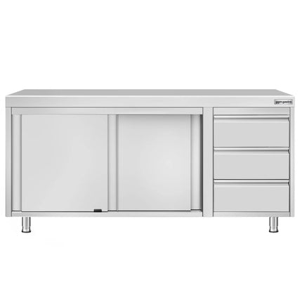 GGM Gastro Stainless Steel Floor Cupboard ECO - 1800x700mm - with Sliding Doors - with 3 Drawers right