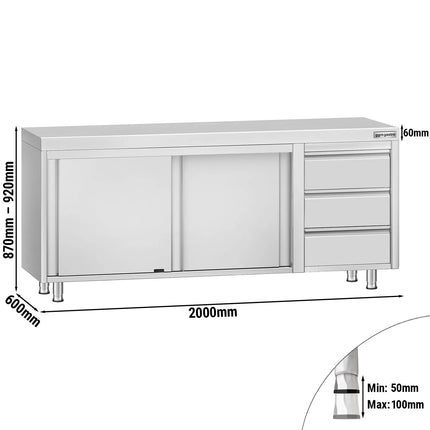GGM Gastro Stainless Steel Floor Cupboard ECO - 2000x600mm - with Sliding Doors - with 3 Drawers right