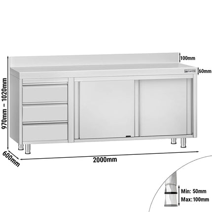 GGM Gastro Stainless Steel Floor Cupboard ECO - 2000x600mm - with Sliding Doors - with 3 Drawers left & Upstand