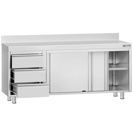 GGM Gastro Stainless Steel Floor Cupboard ECO - 2000x600mm - with Sliding Doors - with 3 Drawers left & Upstand