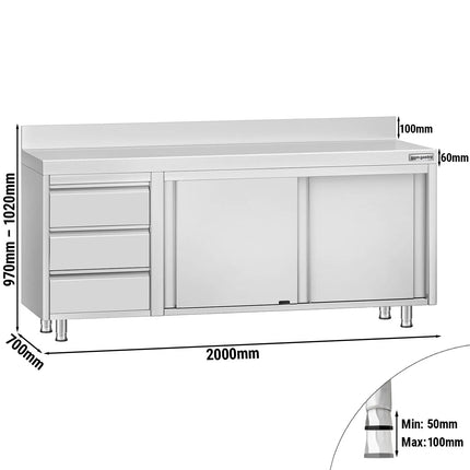 GGM Gastro Stainless Steel Floor Cupboard ECO - 2000x700mm - with Sliding Doors - with 3 Drawers left & Upstand