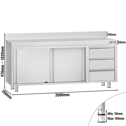 GGM Gastro Stainless Steel Floor Cupboard ECO - 2000x700mm - with Sliding Doors & with 3 Drawers right & Upstand