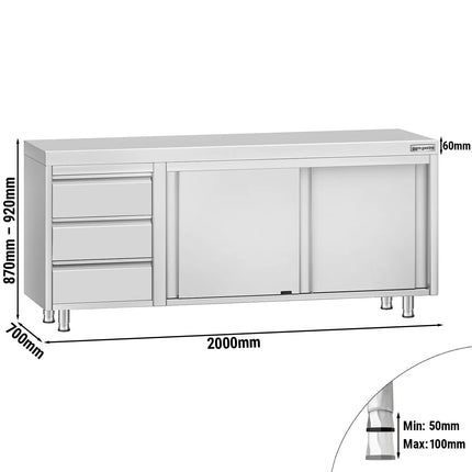 GGM Gastro Stainless Steel Floor Cupboard ECO - 2000x700mm - with Sliding Doors - with 3 Drawers left
