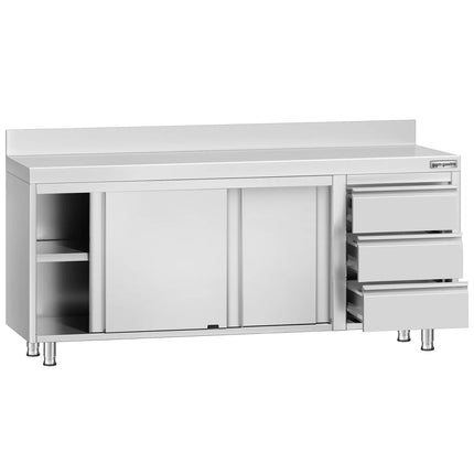 GGM Gastro Stainless Steel Floor Cupboard ECO - 2000x700mm - with Sliding Doors & with 3 Drawers right & Upstand