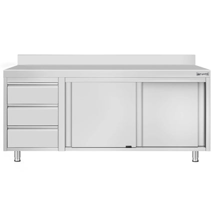 GGM Gastro Stainless Steel Floor Cupboard ECO - 2000x700mm - with Sliding Doors - with 3 Drawers left & Upstand