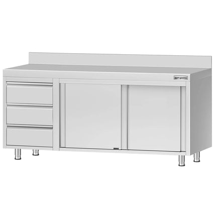 GGM Gastro Stainless Steel Floor Cupboard ECO - 2000x700mm - with Sliding Doors - with 3 Drawers left & Upstand