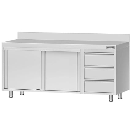 GGM Gastro Stainless Steel Floor Cupboard ECO - 2000x700mm - with Sliding Doors & with 3 Drawers right & Upstand