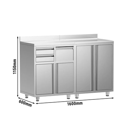 GGM Gastro Stainless Steel Floor Cupboard - for coffee machines - 1600x600mm - with Hinged Doors, 2 Drawers & Upstand