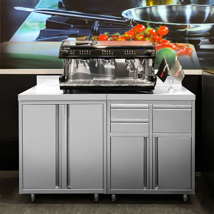 GGM Gastro Stainless Steel Floor Cupboard - for coffee machines - 1600x600mm - with Hinged Doors, 2 Drawers & Upstand