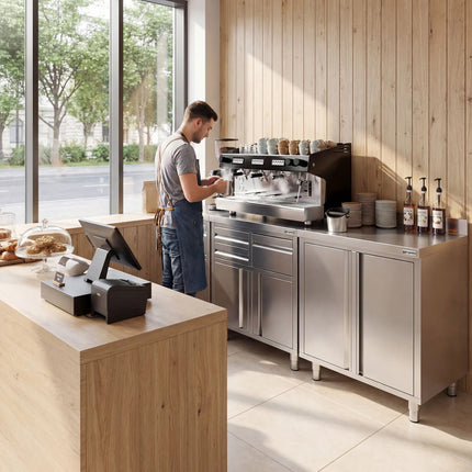GGM Gastro Stainless Steel Floor Cupboard - for coffee machines - 1600x600mm - with Hinged Doors, 2 Drawers & Upstand