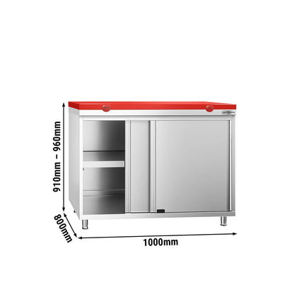 GGM Gastro Stainless Steel Floor Cupboard PREMIUM - 1000x800mm - with Sliding Doors - incl. Chopping Board Red