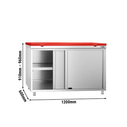 GGM Gastro Stainless Steel Floor Cupboard PREMIUM - 1200x600mm - with Sliding Doors - incl. Chopping Board Red