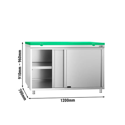 GGM Gastro Stainless Steel Floor Cupboard PREMIUM - 1200x700mm - with Sliding Doors - incl. Chopping Board Green