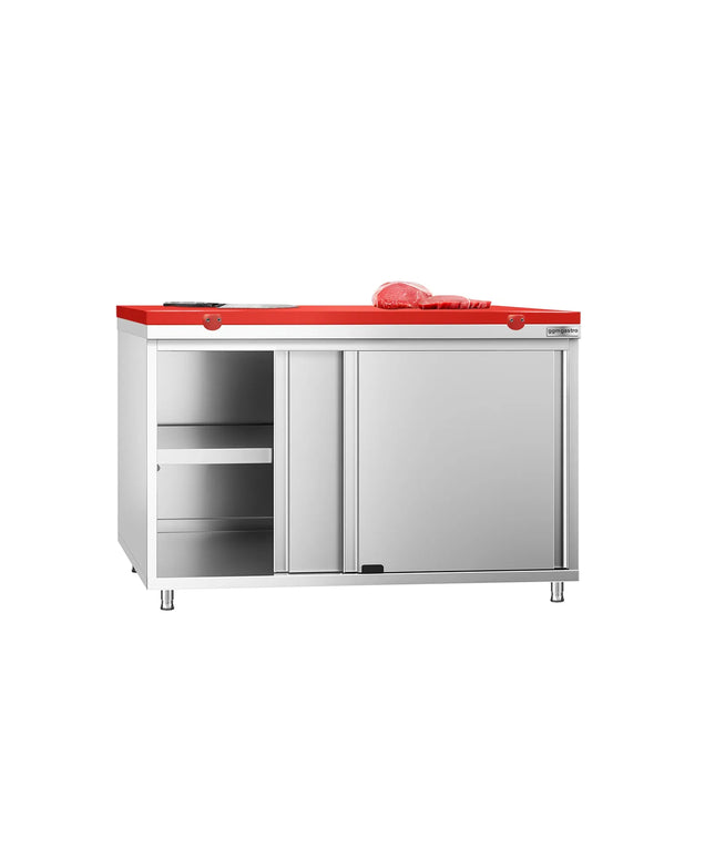 GGM Gastro Stainless Steel Floor Cupboard PREMIUM - 1200x800mm - with Sliding Doors - incl. Chopping Board Red