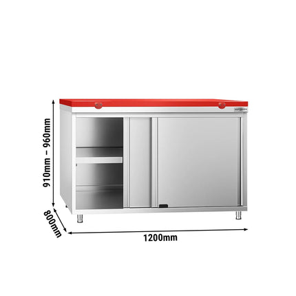GGM Gastro Stainless Steel Floor Cupboard PREMIUM - 1200x800mm - with Sliding Doors - incl. Chopping Board Red