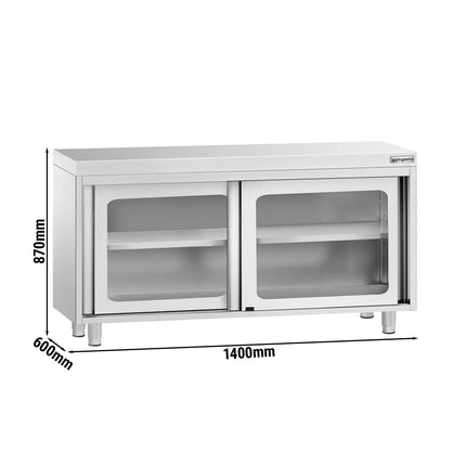 GGM Gastro Stainless Steel Floor Cupboard PREMIUM - 1400x600mm - with Glass Sliding Doors