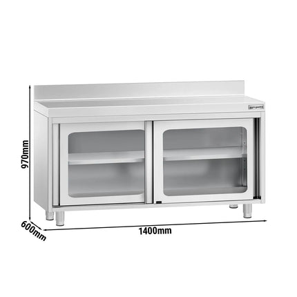 GGM Gastro Stainless Steel Floor Cupboard PREMIUM - 1400x600mm - with Glass Sliding Doors & Upstand