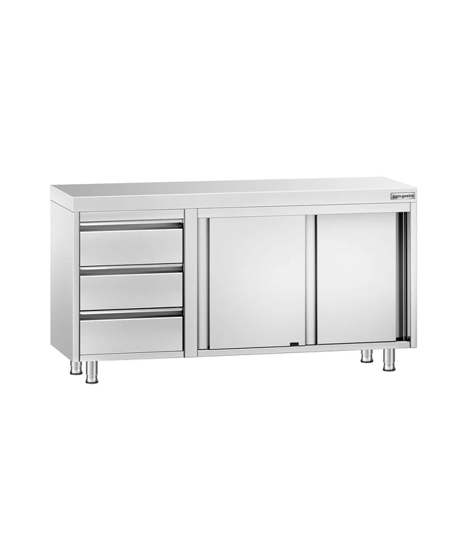 GGM Gastro Stainless Steel Floor Cupboard PREMIUM - 1400x600mm - with Sliding Doors - with 3 Drawers left