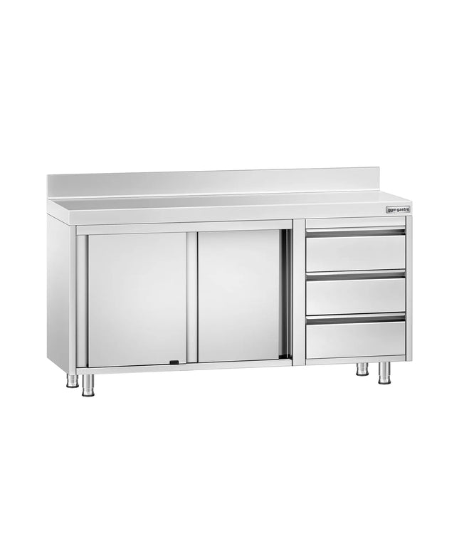 GGM Gastro Stainless Steel Floor Cupboard PREMIUM - 1400x600mm - with Sliding Doors, 3 Drawers right & Upstand
