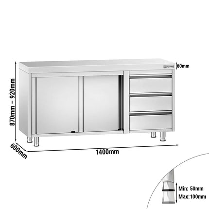 GGM Gastro Stainless Steel Floor Cupboard PREMIUM - 1400x600mm - with Sliding Doors | 3 Drawers right