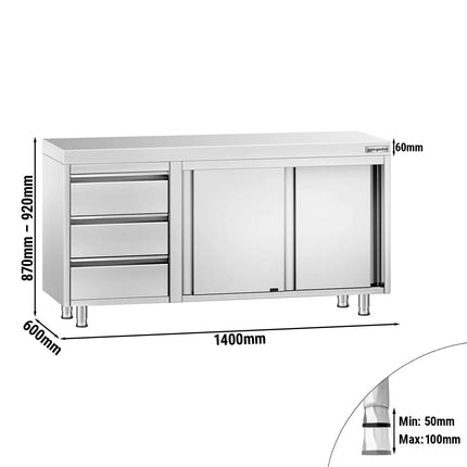 GGM Gastro Stainless Steel Floor Cupboard PREMIUM - 1400x600mm - with Sliding Doors - with 3 Drawers left