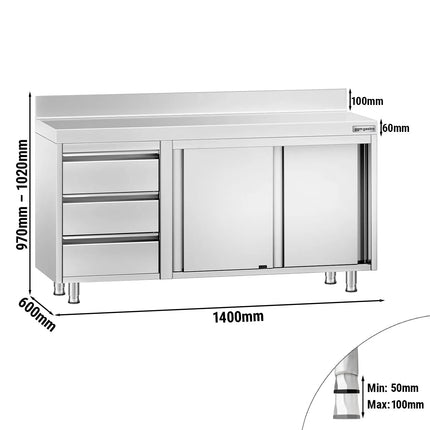 GGM Gastro Stainless Steel Floor Cupboard PREMIUM - 1400x600mm - with Sliding Doors | 3 Drawers left & Upstand