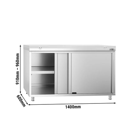 GGM Gastro Stainless Steel Floor Cupboard PREMIUM - 1400x600mm - with Sliding Doors - incl. Chopping Board White