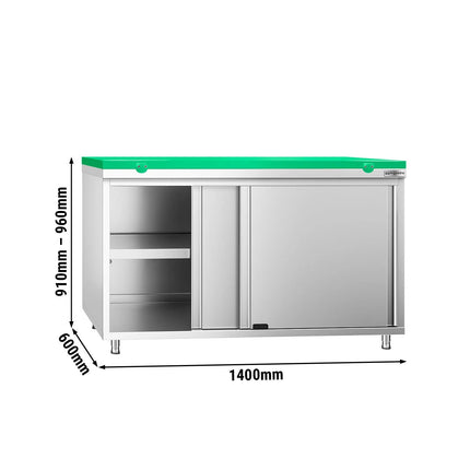 GGM Gastro Stainless Steel Floor Cupboard PREMIUM - 1400x600mm - with Sliding Doors - incl. Chopping Board Green