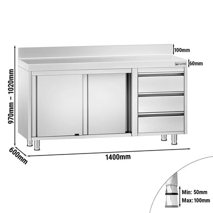 GGM Gastro Stainless Steel Floor Cupboard PREMIUM - 1400x600mm - with Sliding Doors, 3 Drawers right & Upstand