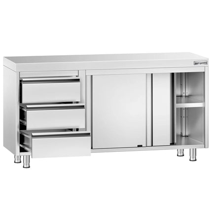 GGM Gastro Stainless Steel Floor Cupboard PREMIUM - 1400x600mm - with Sliding Doors - with 3 Drawers left