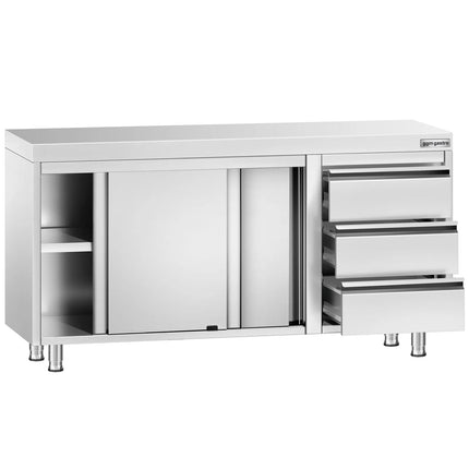 GGM Gastro Stainless Steel Floor Cupboard PREMIUM - 1400x600mm - with Sliding Doors | 3 Drawers right