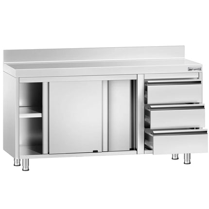 GGM Gastro Stainless Steel Floor Cupboard PREMIUM - 1400x600mm - with Sliding Doors, 3 Drawers right & Upstand