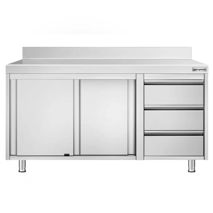 GGM Gastro Stainless Steel Floor Cupboard PREMIUM - 1400x600mm - with Sliding Doors, 3 Drawers right & Upstand