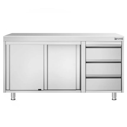 GGM Gastro Stainless Steel Floor Cupboard PREMIUM - 1400x600mm - with Sliding Doors | 3 Drawers right