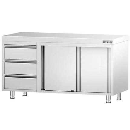 GGM Gastro Stainless Steel Floor Cupboard PREMIUM - 1400x600mm - with Sliding Doors - with 3 Drawers left