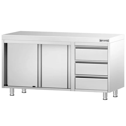 GGM Gastro Stainless Steel Floor Cupboard PREMIUM - 1400x600mm - with Sliding Doors | 3 Drawers right