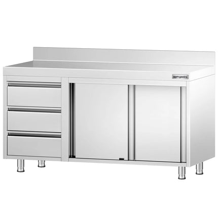 GGM Gastro Stainless Steel Floor Cupboard PREMIUM - 1400x600mm - with Sliding Doors | 3 Drawers left & Upstand