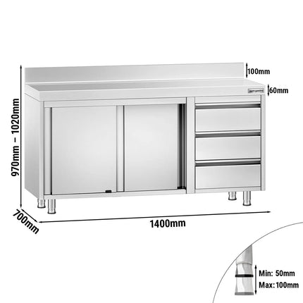 GGM Gastro Stainless Steel Floor Cupboard PREMIUM - 1400x700mm - with 3 Drawers right & Upstand