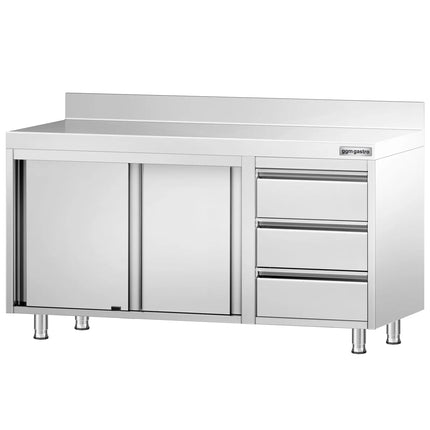 GGM Gastro Stainless Steel Floor Cupboard PREMIUM - 1400x700mm - with 3 Drawers right & Upstand