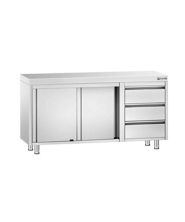 GGM Gastro Stainless Steel Floor Cupboard PREMIUM - 1400x700mm - with Sliding Doors - with 3 Drawers right