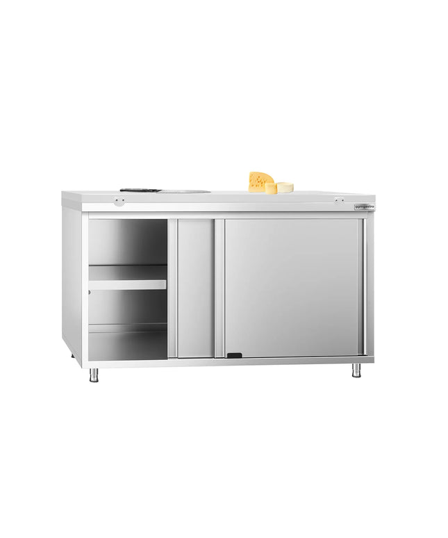 GGM Gastro Stainless Steel Floor Cupboard PREMIUM - 1400x700mm - with Sliding Doors - incl. Chopping Board White