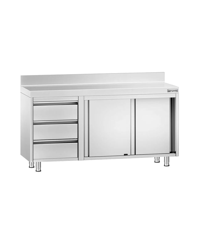 GGM Gastro Stainless Steel Floor Cupboard PREMIUM - 1400x700mm - with Sliding Doors - with 3 Drawers left & Upstand
