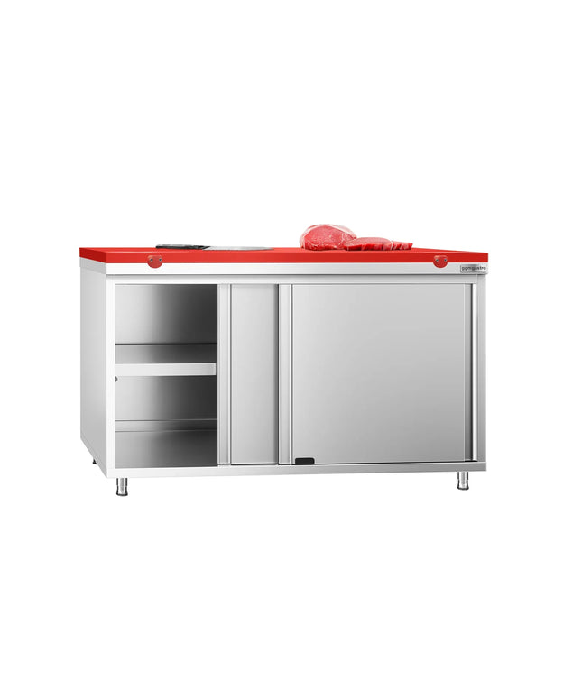 GGM Gastro Stainless Steel Floor Cupboard PREMIUM - 1400x700mm - with Sliding Doors - incl. Chopping Board Red