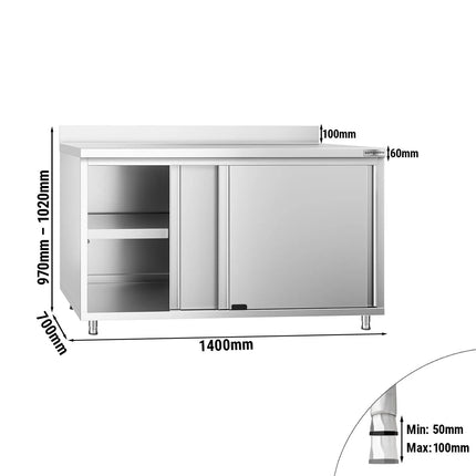 GGM Gastro Stainless Steel Floor Cupboard PREMIUM - 1400x700mm - with Sliding Doors & Upstand