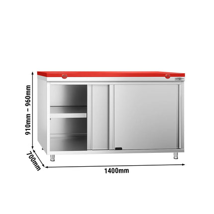 GGM Gastro Stainless Steel Floor Cupboard PREMIUM - 1400x700mm - with Sliding Doors - incl. Chopping Board Red