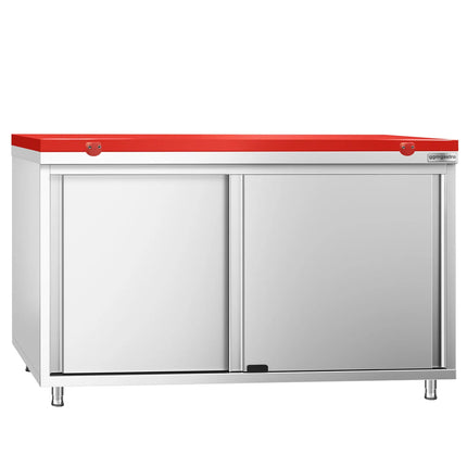 GGM Gastro Stainless Steel Floor Cupboard PREMIUM - 1400x700mm - with Sliding Doors - incl. Chopping Board Red